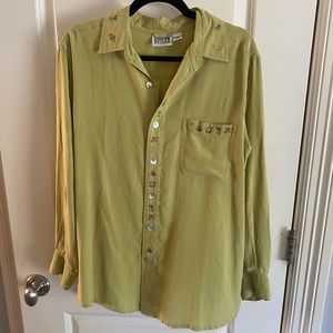 Chico’s Silk Lime Green Soft Knit Embroidered Cowboy Horse Button Up Shirt